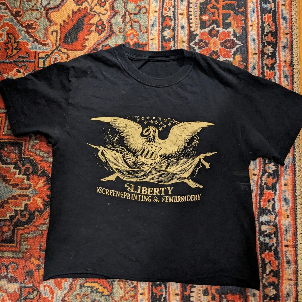 Vintage liberty screen printing and embroidery tee. Black, small